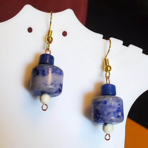 Gold Tone Hook Sodalite Stone Bead Dangle Earrings